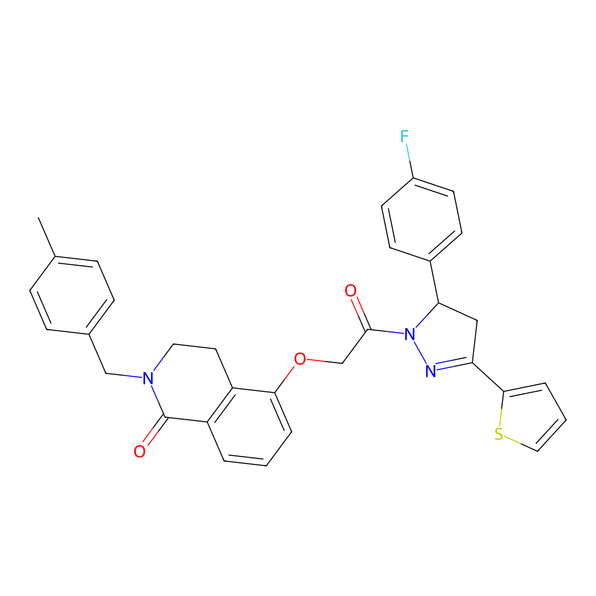 5-[2-[3-(4-Fluorophenyl)-5-thiophen-2-yl-3,4-dihydropyrazol-2-yl]-2-oxoethoxy]-2-[(4-methylphenyl)methyl]-3,4-dihydroisoquinolin-1-one molecular structure, CAS 850906-38-6