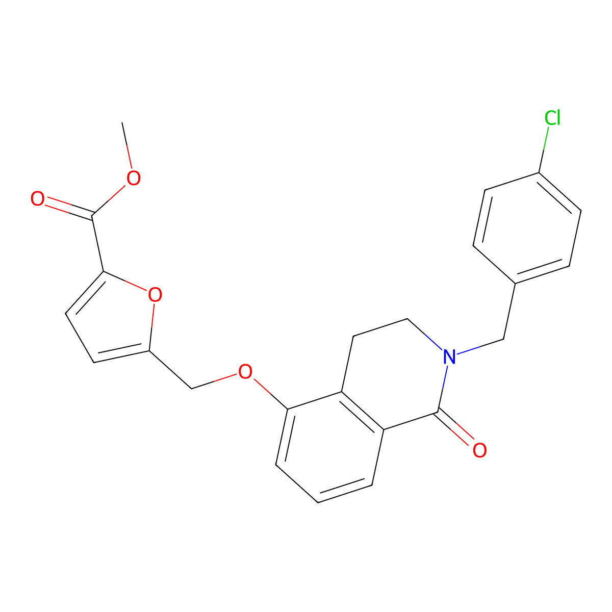 Methyl 5-(((2-(4-chlorobenzyl)-1-oxo-1,2,3,4-tetrahydroisoquinolin-5-yl)oxy)methyl)furan-2-carboxylate molecular structure, CAS 850906-40-0