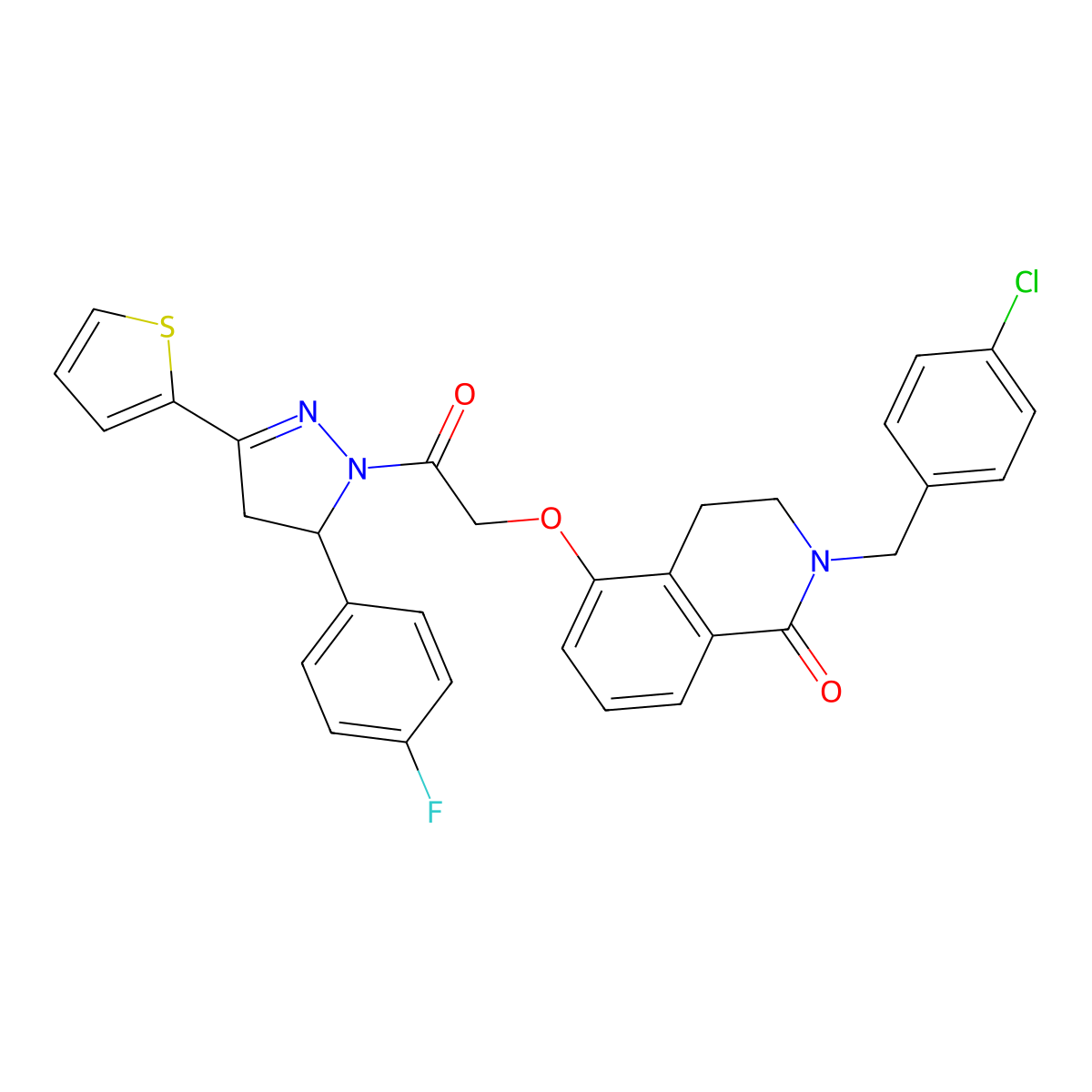 2-(4-chlorobenzyl)-5-(2-(5-(4-fluorophenyl)-3-(thiophen-2-yl)-4,5-dihydro-1H-pyrazol-1-yl)-2-oxoethoxy)-3,4-dihydroisoquinolin-1(2H)-one molecular structure, CAS 850906-81-9