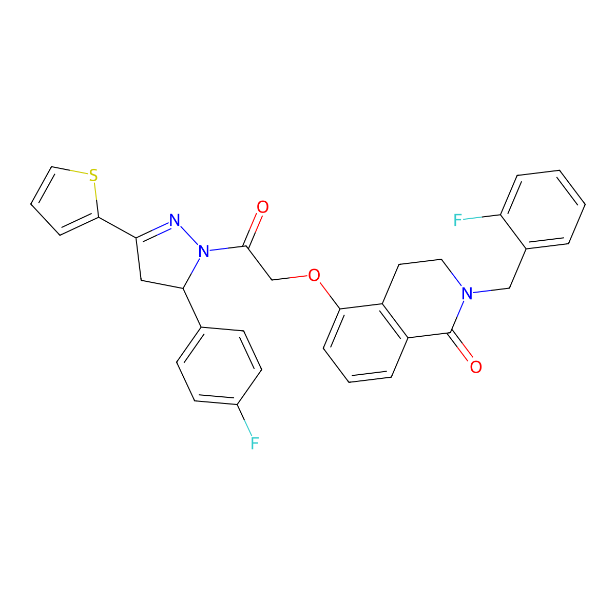 2-[(2-Fluorophenyl)methyl]-5-[2-[3-(4-fluorophenyl)-5-thiophen-2-yl-3,4-dihydropyrazol-2-yl]-2-oxoethoxy]-3,4-dihydroisoquinolin-1-one molecular structure, CAS 850907-21-0