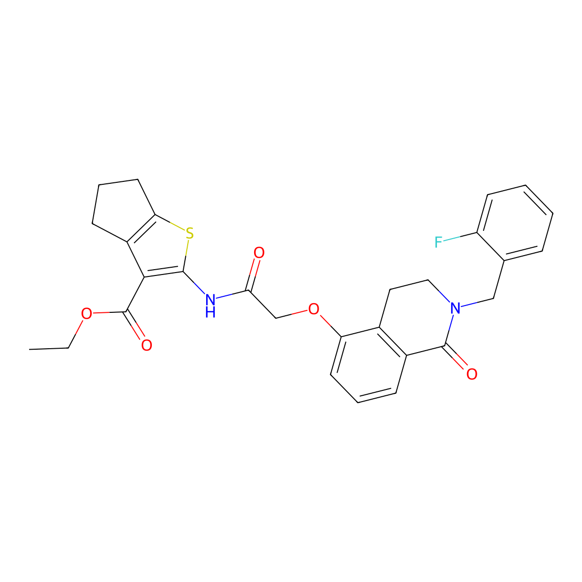 ethyl 2-[[2-[[2-[(2-fluorophenyl)methyl]-1-oxo-3,4-dihydroisoquinolin-5-yl]oxy]acetyl]amino]-5,6-dihydro-4H-cyclopenta[b]thiophene-3-carboxylate molecular structure, CAS 850907-22-1