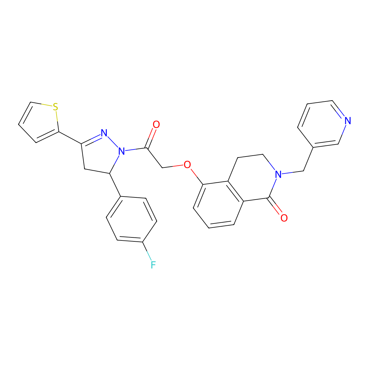 5-(2-(5-(4-fluorophenyl)-3-(thiophen-2-yl)-4,5-dihydro-1H-pyrazol-1-yl)-2-oxoethoxy)-2-(pyridin-3-ylmethyl)-3,4-dihydroisoquinolin-1(2H)-one molecular structure, CAS 850908-95-1