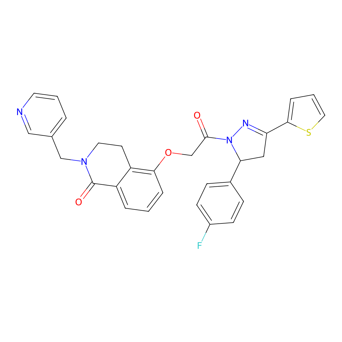 5-(2-(5-(4-fluorophenyl)-3-(thiophen-2-yl)-4,5-dihydro-1H-pyrazol-1-yl)-2-oxoethoxy)-2-(pyridin-3-ylmethyl)-3,4-dihydroisoquinolin-1(2H)-one molecular structure, CAS 850908-95-1