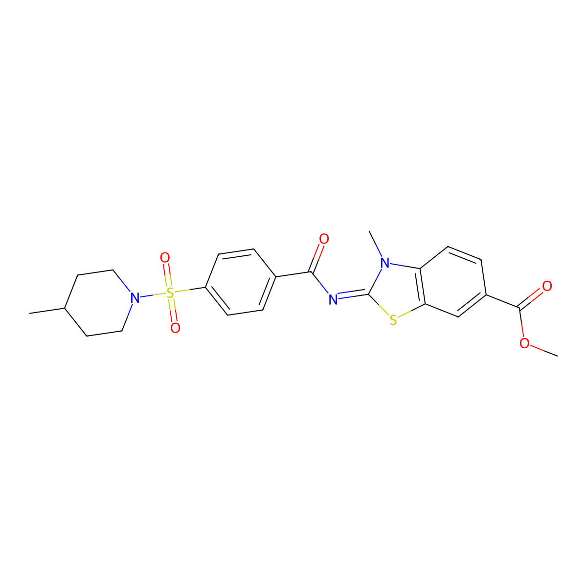 (E)-methyl 3-methyl-2-((4-((4-methylpiperidin-1-yl)sulfonyl)benzoyl)imino)-2,3-dihydrobenzo[d]thiazole-6-carboxylate molecular structure, CAS 850909-22-7