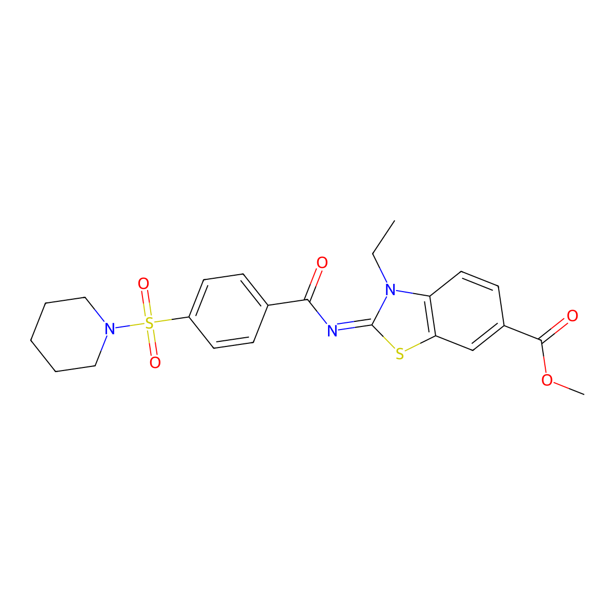 Methyl 3-ethyl-2-(4-piperidin-1-ylsulfonylbenzoyl)imino-1,3-benzothiazole-6-carboxylate molecular structure, CAS 850909-29-4