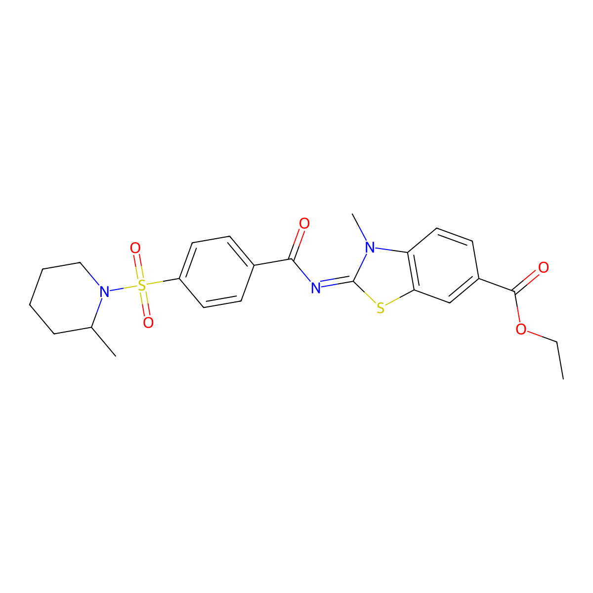 (E)-ethyl 3-methyl-2-((4-((2-methylpiperidin-1-yl)sulfonyl)benzoyl)imino)-2,3-dihydrobenzo[d]thiazole-6-carboxylate molecular structure, CAS 850909-45-4