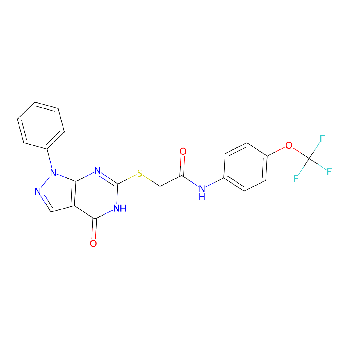 2-((4-oxo-1-phenyl-4,5-dihydro-1H-pyrazolo[3,4-d]pyrimidin-6-yl)thio)-N-(4-(trifluoromethoxy)phenyl)acetamide molecular structure, CAS 850911-49-8