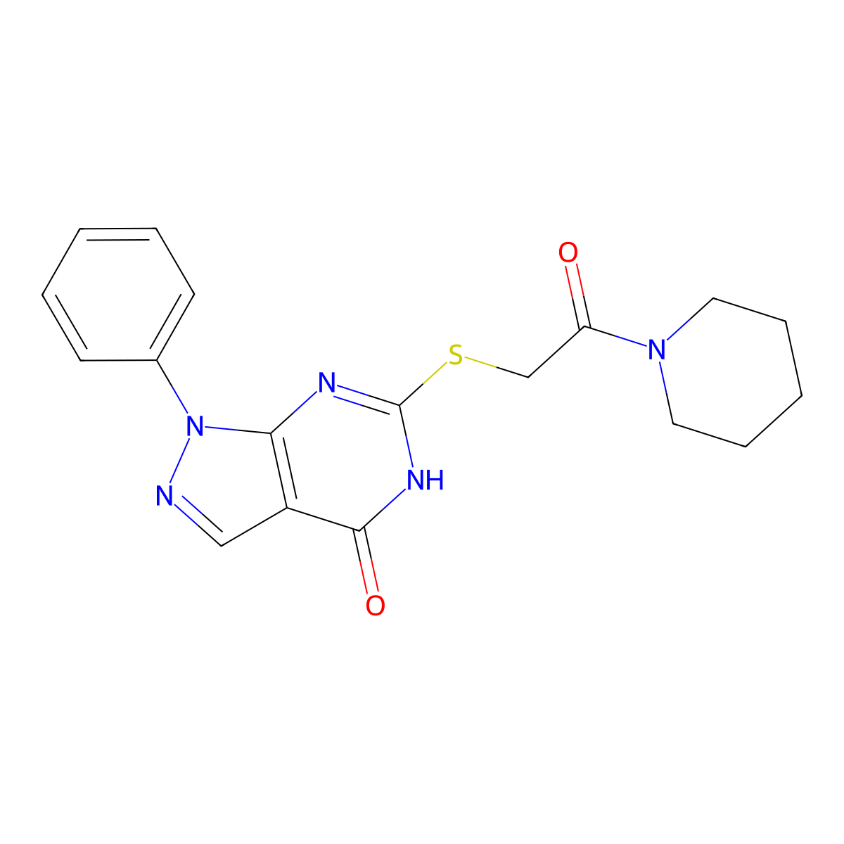 6-{[2-oxo-2-(piperidin-1-yl)ethyl]sulfanyl}-1-phenyl-1H,4H,5H-pyrazolo[3,4-d]pyrimidin-4-one molecular structure, CAS 850911-78-3