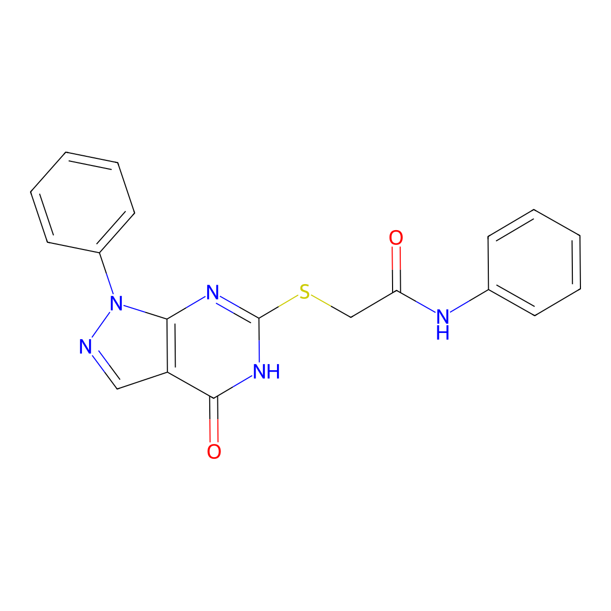 2-((4-oxo-1-phenyl-4,5-dihydro-1H-pyrazolo[3,4-d]pyrimidin-6-yl)thio)-N-phenylacetamide molecular structure, CAS 850911-87-4