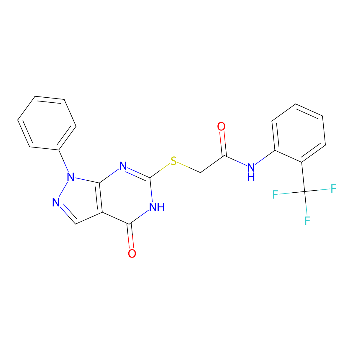 2-((4-oxo-1-phenyl-4,5-dihydro-1H-pyrazolo[3,4-d]pyrimidin-6-yl)thio)-N-(2-(trifluoromethyl)phenyl)acetamide molecular structure, CAS 850911-90-9