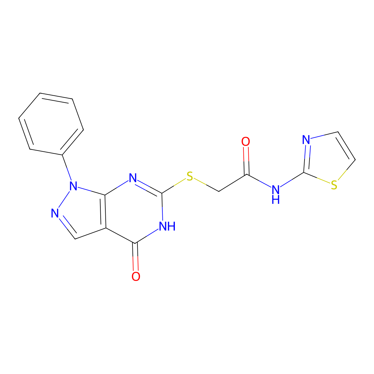 2-((4-oxo-1-phenyl-4,5-dihydro-1H-pyrazolo[3,4-d]pyrimidin-6-yl)thio)-N-(thiazol-2-yl)acetamide molecular structure, CAS 850912-05-9