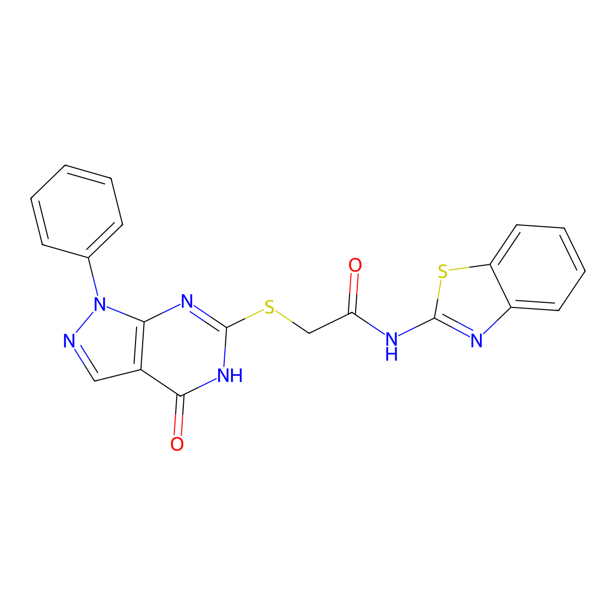 N-(benzo[d]thiazol-2-yl)-2-((4-oxo-1-phenyl-4,5-dihydro-1H-pyrazolo[3,4-d]pyrimidin-6-yl)thio)acetamide molecular structure, CAS 850912-06-0