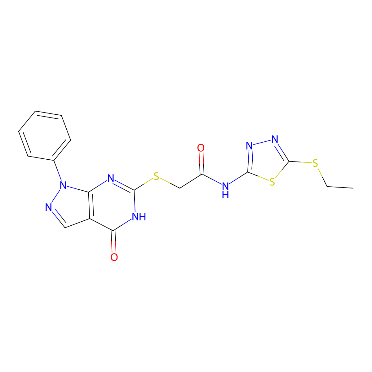 N-(5-ethylsulfanyl-1,3,4-thiadiazol-2-yl)-2-[(4-oxo-1-phenyl-2H-pyrazolo[3,4-d]pyrimidin-6-yl)sulfanyl]acetamide molecular structure, CAS 850912-07-1