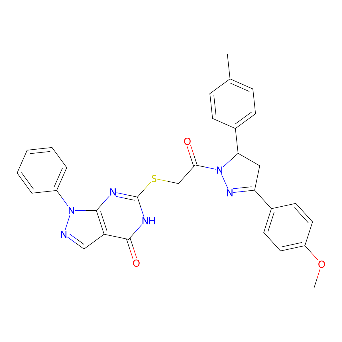 6-((2-(3-(4-methoxyphenyl)-5-(p-tolyl)-4,5-dihydro-1H-pyrazol-1-yl)-2-oxoethyl)thio)-1-phenyl-1H-pyrazolo[3,4-d]pyrimidin-4(5H)-one molecular structure, CAS 850912-10-6