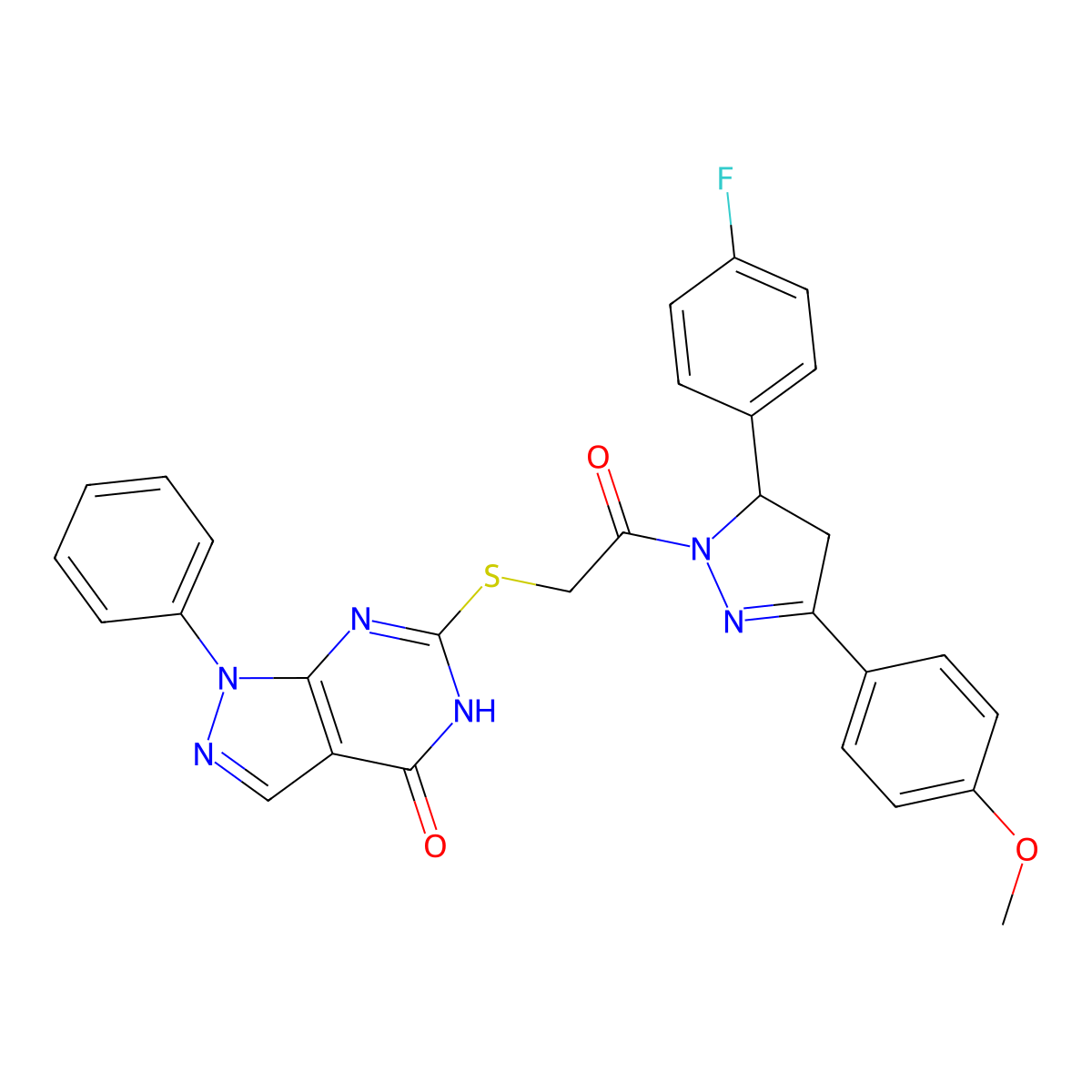 6-((2-(5-(4-fluorophenyl)-3-(4-methoxyphenyl)-4,5-dihydro-1H-pyrazol-1-yl)-2-oxoethyl)thio)-1-phenyl-1H-pyrazolo[3,4-d]pyrimidin-4(5H)-one molecular structure, CAS 850912-11-7