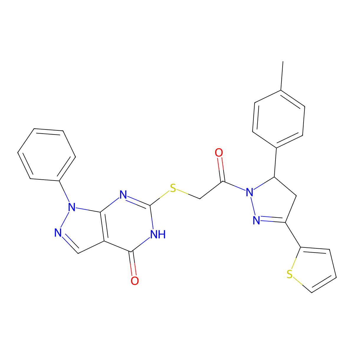 6-((2-oxo-2-(3-(thiophen-2-yl)-5-(p-tolyl)-4,5-dihydro-1H-pyrazol-1-yl)ethyl)thio)-1-phenyl-1H-pyrazolo[3,4-d]pyrimidin-4(5H)-one molecular structure, CAS 850912-12-8