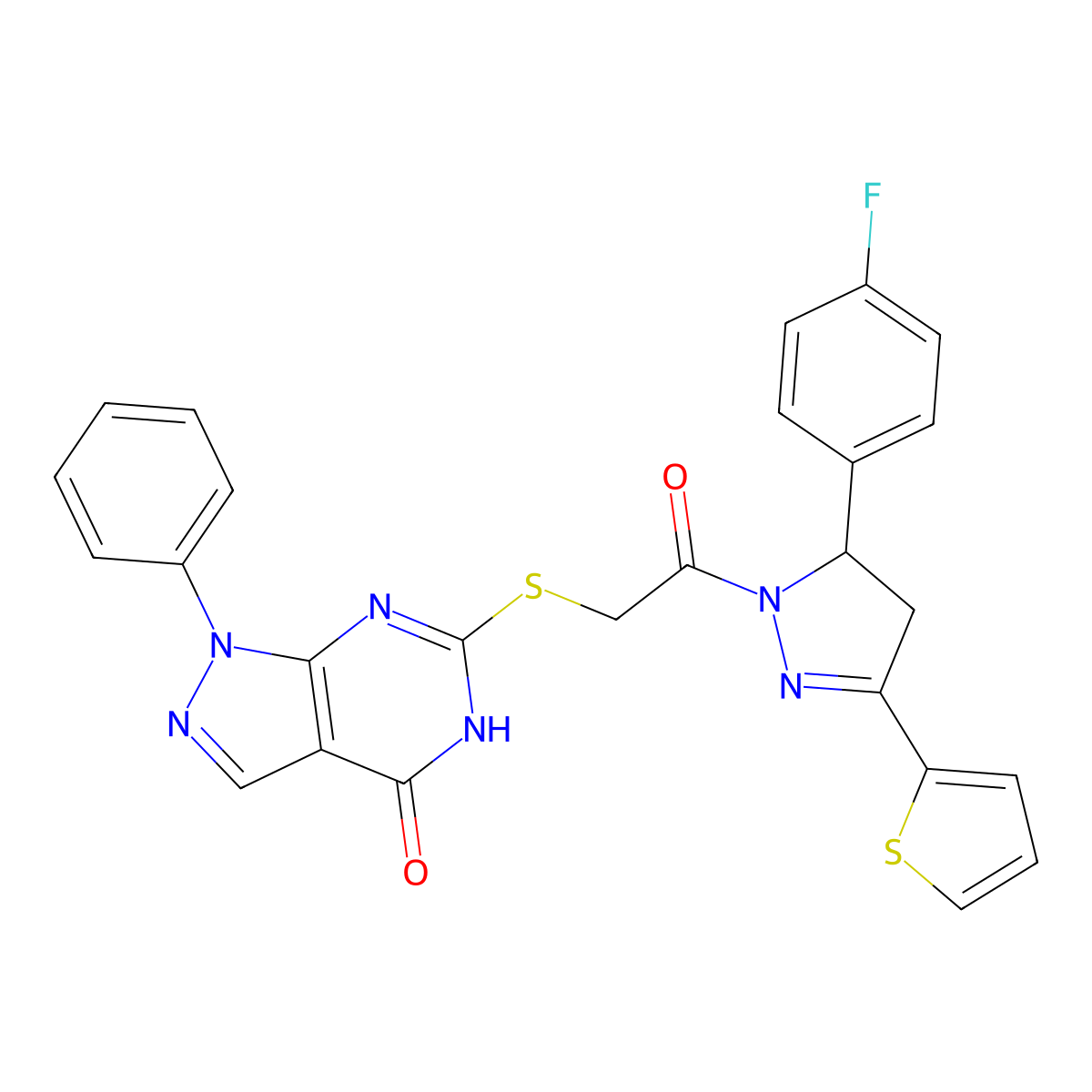6-[2-[3-(4-fluorophenyl)-5-thiophen-2-yl-3,4-dihydropyrazol-2-yl]-2-oxoethyl]sulfanyl-1-phenyl-2H-pyrazolo[3,4-d]pyrimidin-4-one molecular structure, CAS 850912-13-9