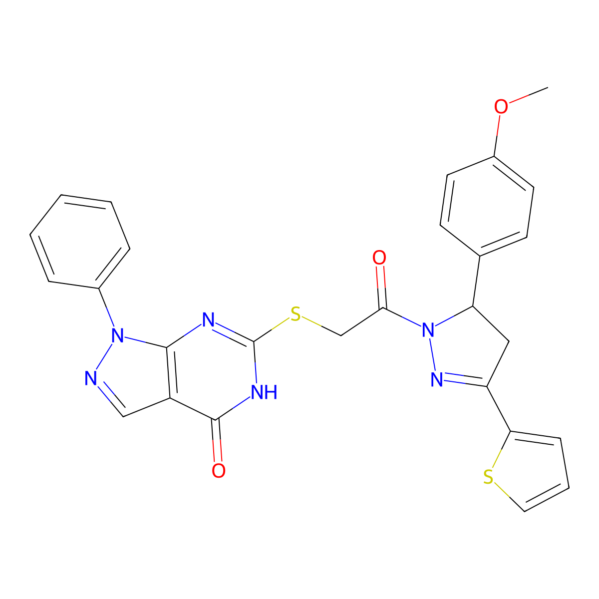 6-((2-(5-(4-methoxyphenyl)-3-(thiophen-2-yl)-4,5-dihydro-1H-pyrazol-1-yl)-2-oxoethyl)thio)-1-phenyl-1H-pyrazolo[3,4-d]pyrimidin-4(5H)-one molecular structure, CAS 850912-14-0