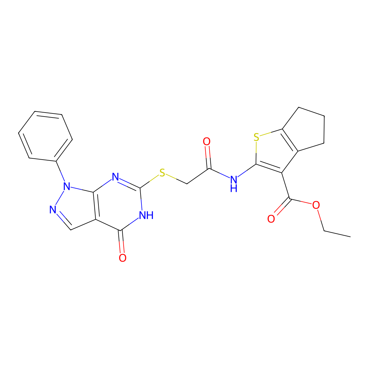 ethyl 2-(2-((4-oxo-1-phenyl-4,5-dihydro-1H-pyrazolo[3,4-d]pyrimidin-6-yl)thio)acetamido)-5,6-dihydro-4H-cyclopenta[b]thiophene-3-carboxylate molecular structure, CAS 850912-17-3