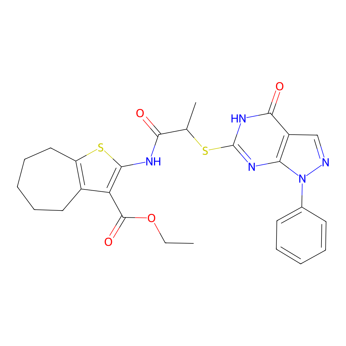 ethyl 2-(2-((4-oxo-1-phenyl-4,5-dihydro-1H-pyrazolo[3,4-d]pyrimidin-6-yl)thio)propanamido)-5,6,7,8-tetrahydro-4H-cyclohepta[b]thiophene-3-carboxylate molecular structure, CAS 850912-20-8