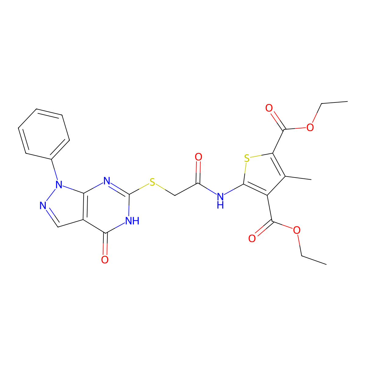 diethyl 3-methyl-5-(2-((4-oxo-1-phenyl-4,5-dihydro-1H-pyrazolo[3,4-d]pyrimidin-6-yl)thio)acetamido)thiophene-2,4-dicarboxylate molecular structure, CAS 850912-21-9