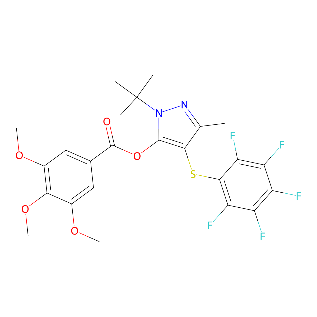 [2-Tert-butyl-5-methyl-4-(2,3,4,5,6-pentafluorophenyl)sulfanylpyrazol-3-yl] 3,4,5-trimethoxybenzoate molecular structure, CAS 850914-12-4