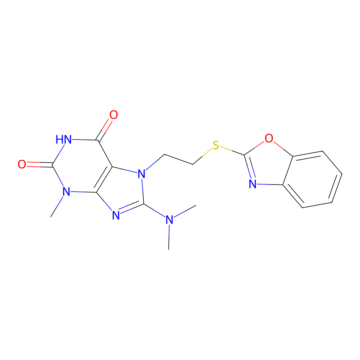 7-(2-(benzo[d]oxazol-2-ylthio)ethyl)-8-(dimethylamino)-3-methyl-1H-purine-2,6(3H,7H)-dione molecular structure, CAS 850914-15-7