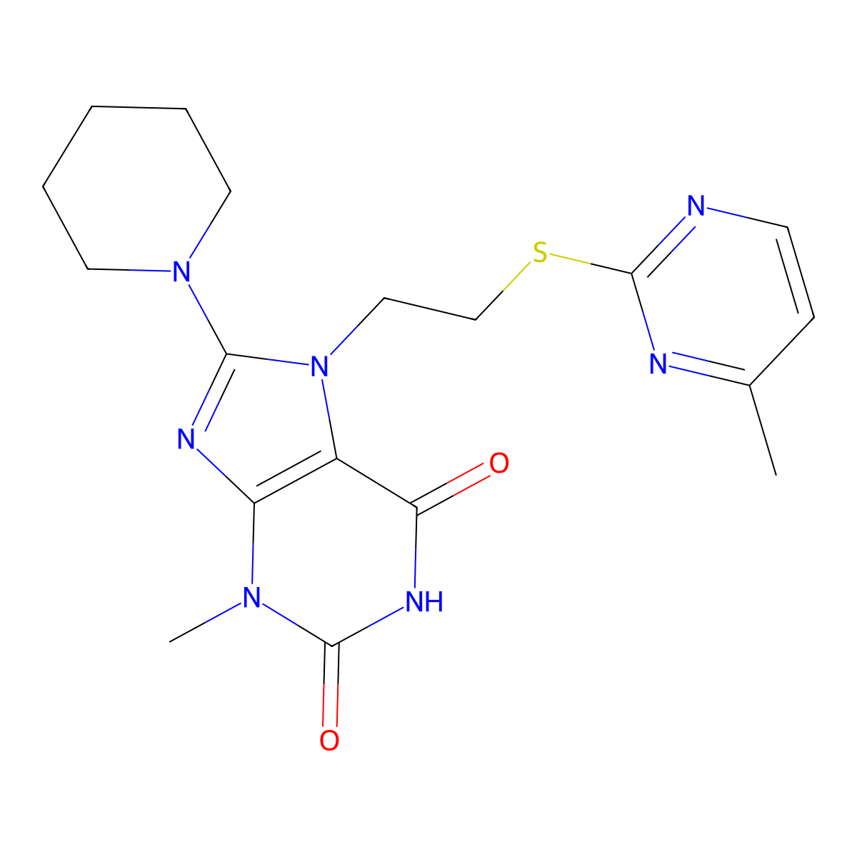 3-methyl-7-(2-((4-methylpyrimidin-2-yl)thio)ethyl)-8-(piperidin-1-yl)-1H-purine-2,6(3H,7H)-dione molecular structure, CAS 850914-16-8