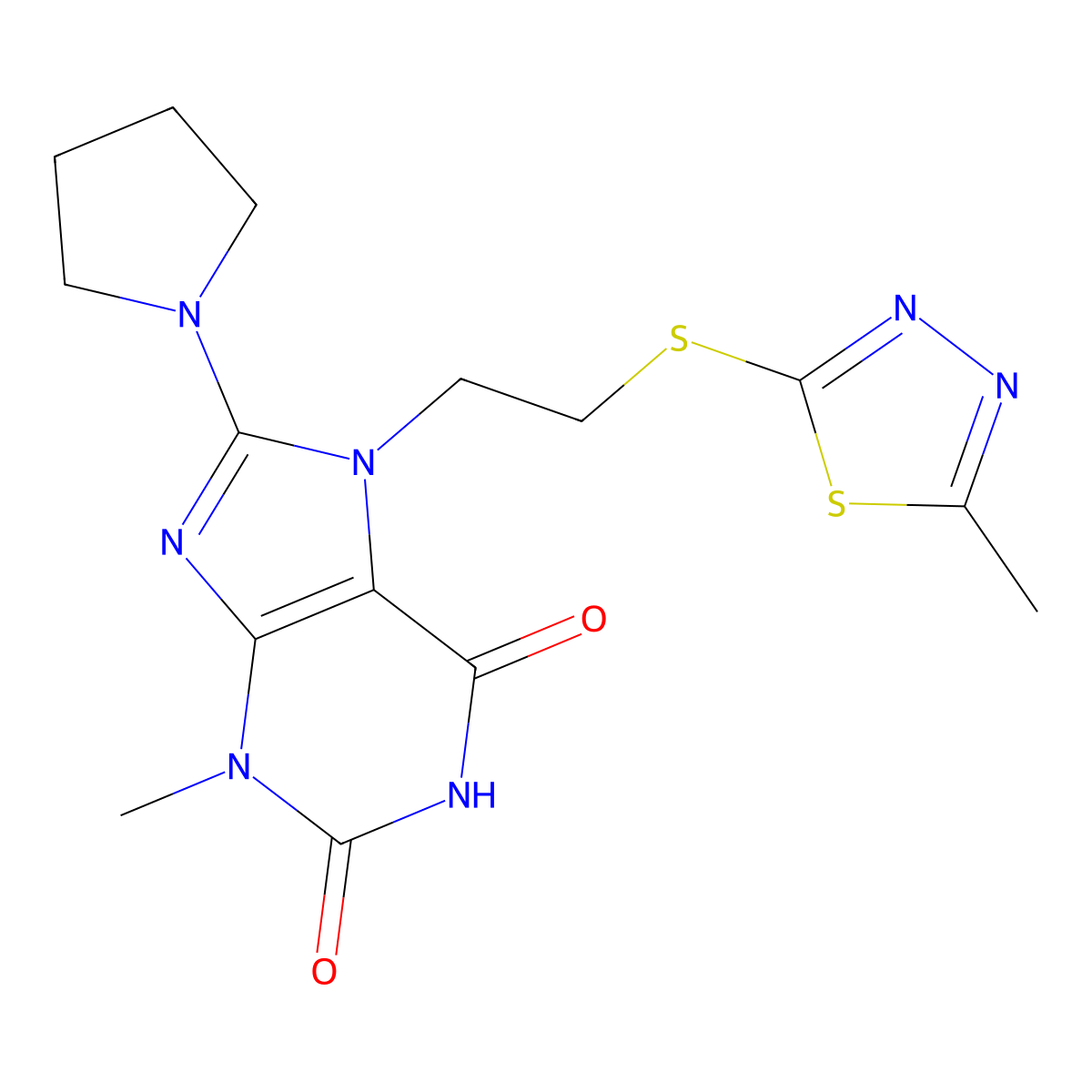 3-Methyl-7-[2-[(5-methyl-1,3,4-thiadiazol-2-yl)sulfanyl]ethyl]-8-pyrrolidin-1-ylpurine-2,6-dione molecular structure, CAS 850914-17-9