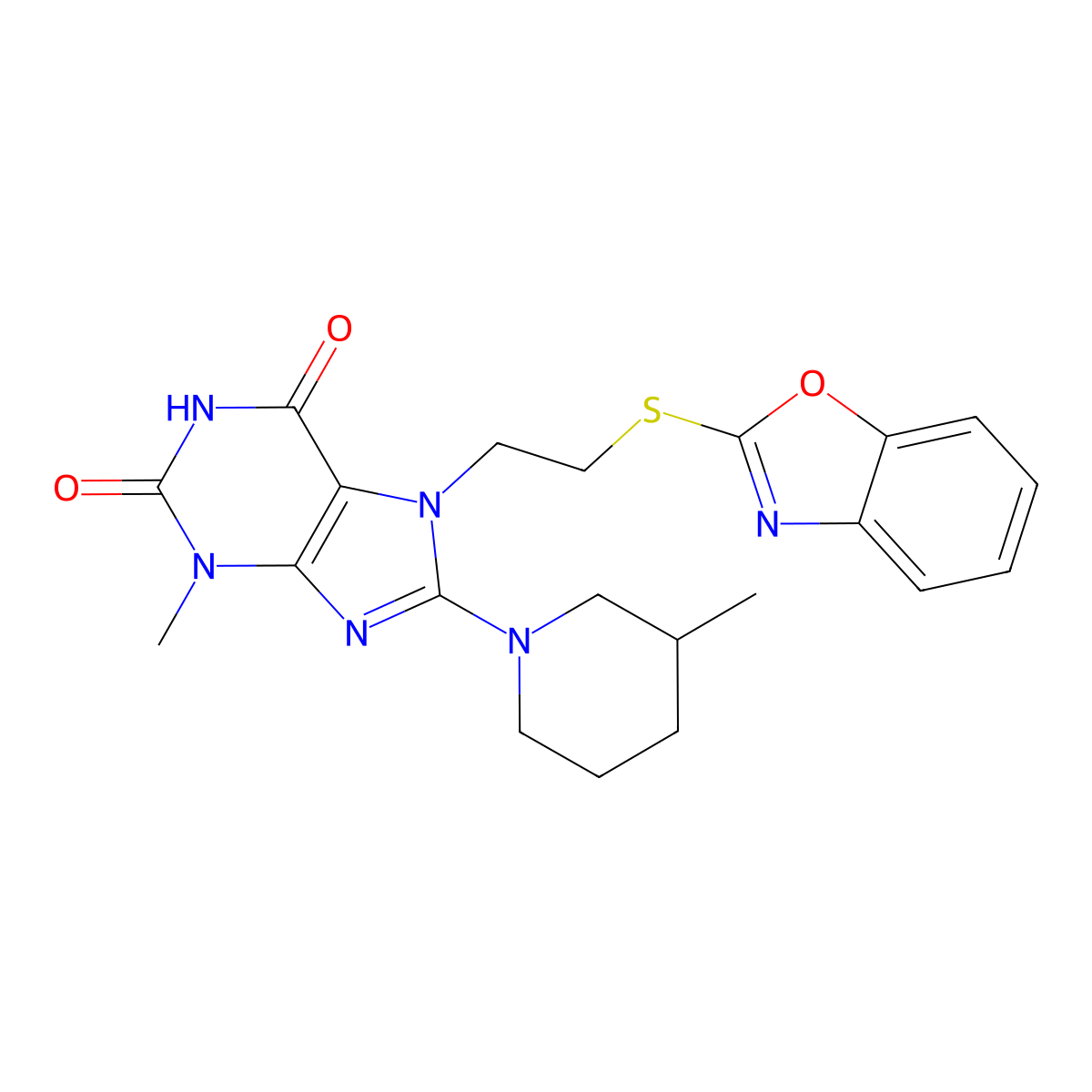 7-(2-(benzo[d]oxazol-2-ylthio)ethyl)-3-methyl-8-(3-methylpiperidin-1-yl)-1H-purine-2,6(3H,7H)-dione molecular structure, CAS 850914-19-1