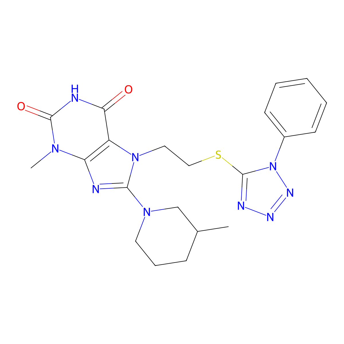 3-methyl-8-(3-methylpiperidin-1-yl)-7-(2-((1-phenyl-1H-tetrazol-5-yl)thio)ethyl)-1H-purine-2,6(3H,7H)-dione molecular structure, CAS 850914-20-4