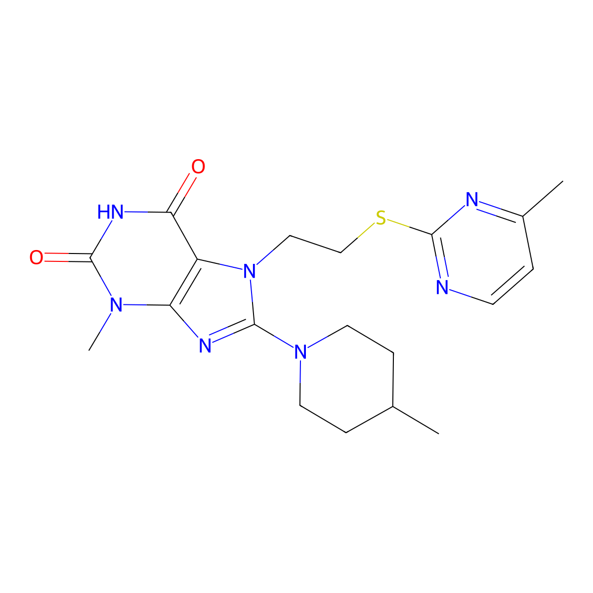 3-methyl-8-(4-methylpiperidin-1-yl)-7-(2-((4-methylpyrimidin-2-yl)thio)ethyl)-1H-purine-2,6(3H,7H)-dione molecular structure, CAS 850914-24-8