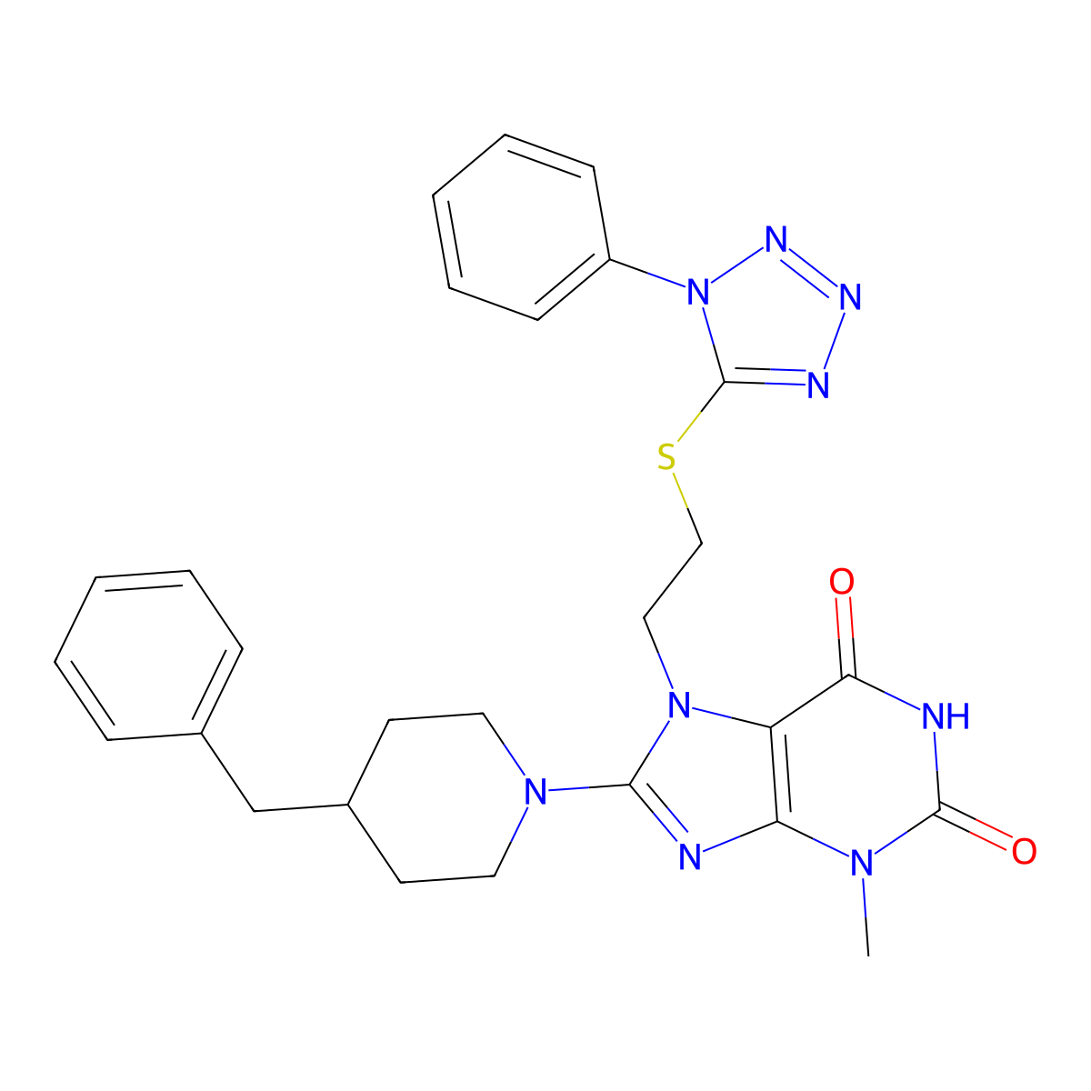 8-(4-benzylpiperidin-1-yl)-3-methyl-7-(2-((1-phenyl-1H-tetrazol-5-yl)thio)ethyl)-1H-purine-2,6(3H,7H)-dione molecular structure, CAS 850914-25-9