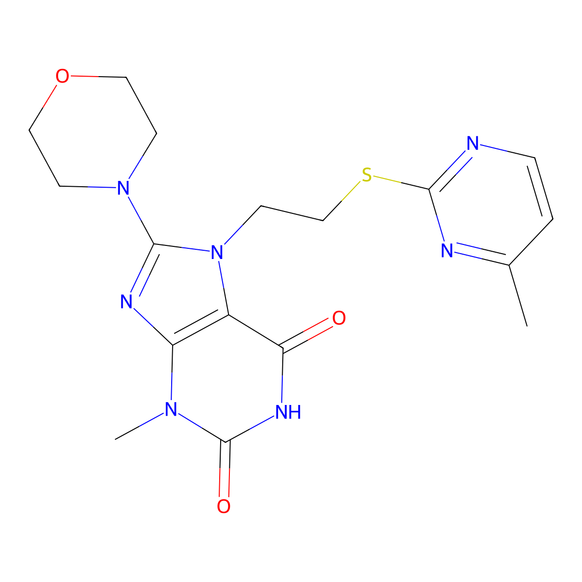 3-methyl-7-(2-((4-methylpyrimidin-2-yl)thio)ethyl)-8-morpholino-1H-purine-2,6(3H,7H)-dione molecular structure, CAS 850914-26-0