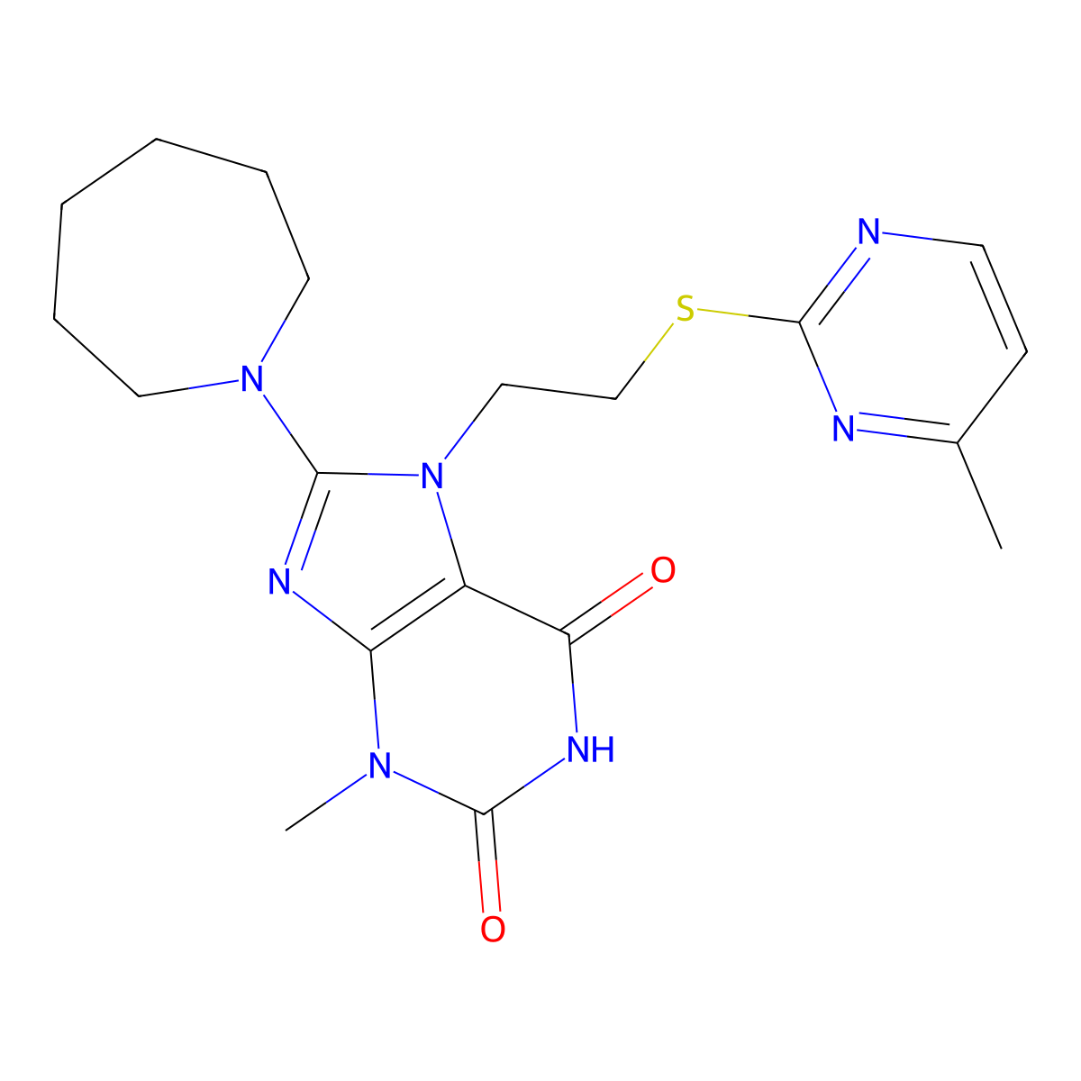 8-(azepan-1-yl)-3-methyl-7-(2-((4-methylpyrimidin-2-yl)thio)ethyl)-1H-purine-2,6(3H,7H)-dione molecular structure, CAS 850914-27-1