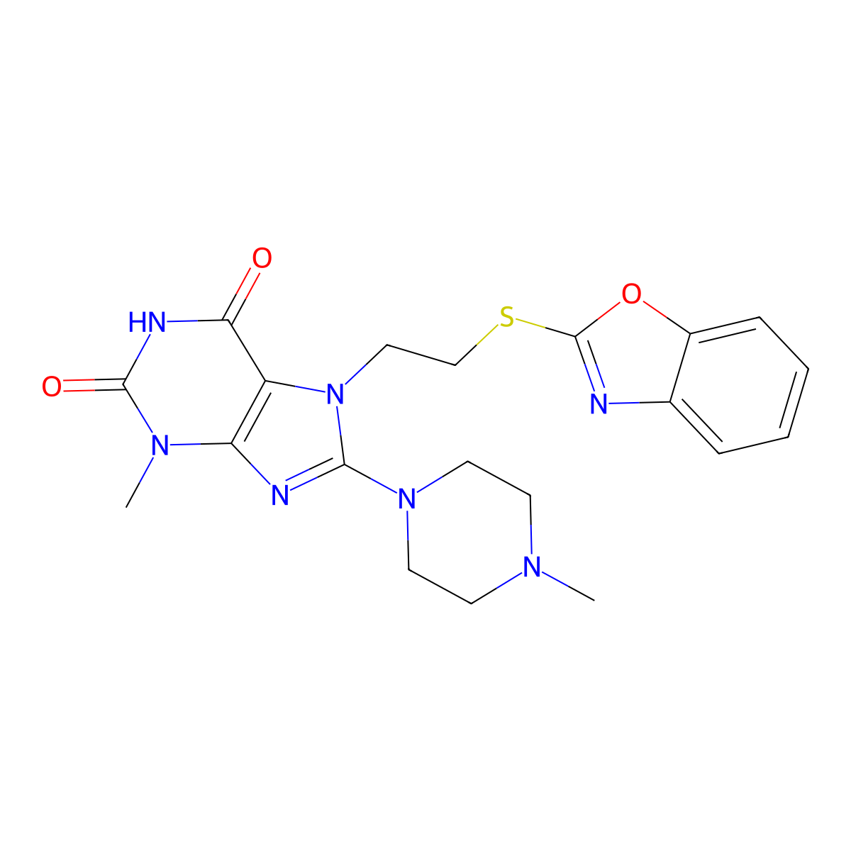 7-(2-(benzo[d]oxazol-2-ylthio)ethyl)-3-methyl-8-(4-methylpiperazin-1-yl)-1H-purine-2,6(3H,7H)-dione molecular structure, CAS 850914-28-2