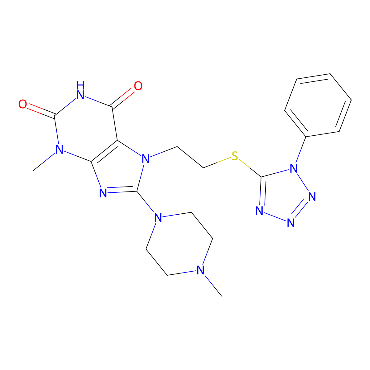3-methyl-8-(4-methylpiperazin-1-yl)-7-(2-((1-phenyl-1H-tetrazol-5-yl)thio)ethyl)-1H-purine-2,6(3H,7H)-dione molecular structure, CAS 850914-29-3