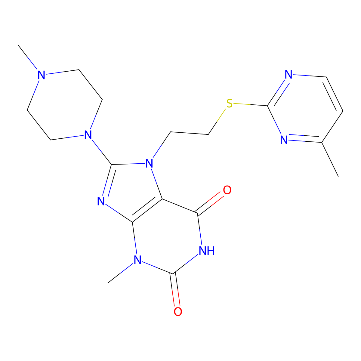 3-methyl-8-(4-methylpiperazin-1-yl)-7-(2-((4-methylpyrimidin-2-yl)thio)ethyl)-1H-purine-2,6(3H,7H)-dione molecular structure, CAS 850914-31-7
