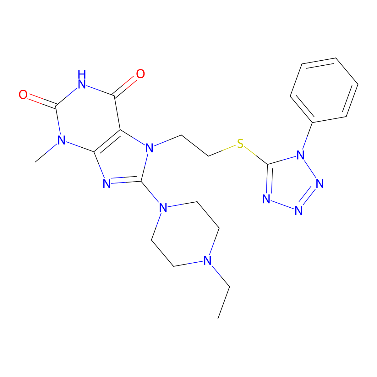 8-(4-ethylpiperazin-1-yl)-3-methyl-7-(2-((1-phenyl-1H-tetrazol-5-yl)thio)ethyl)-1H-purine-2,6(3H,7H)-dione molecular structure, CAS 850914-33-9
