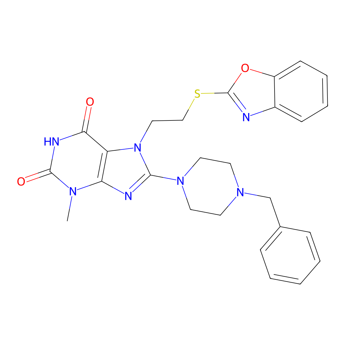 7-(2-Benzoxazol-2-ylthioethyl)-3-methyl-8-[4-benzylpiperazinyl]-1,3,7-trihydro purine-2,6-dione molecular structure, CAS 850914-35-1