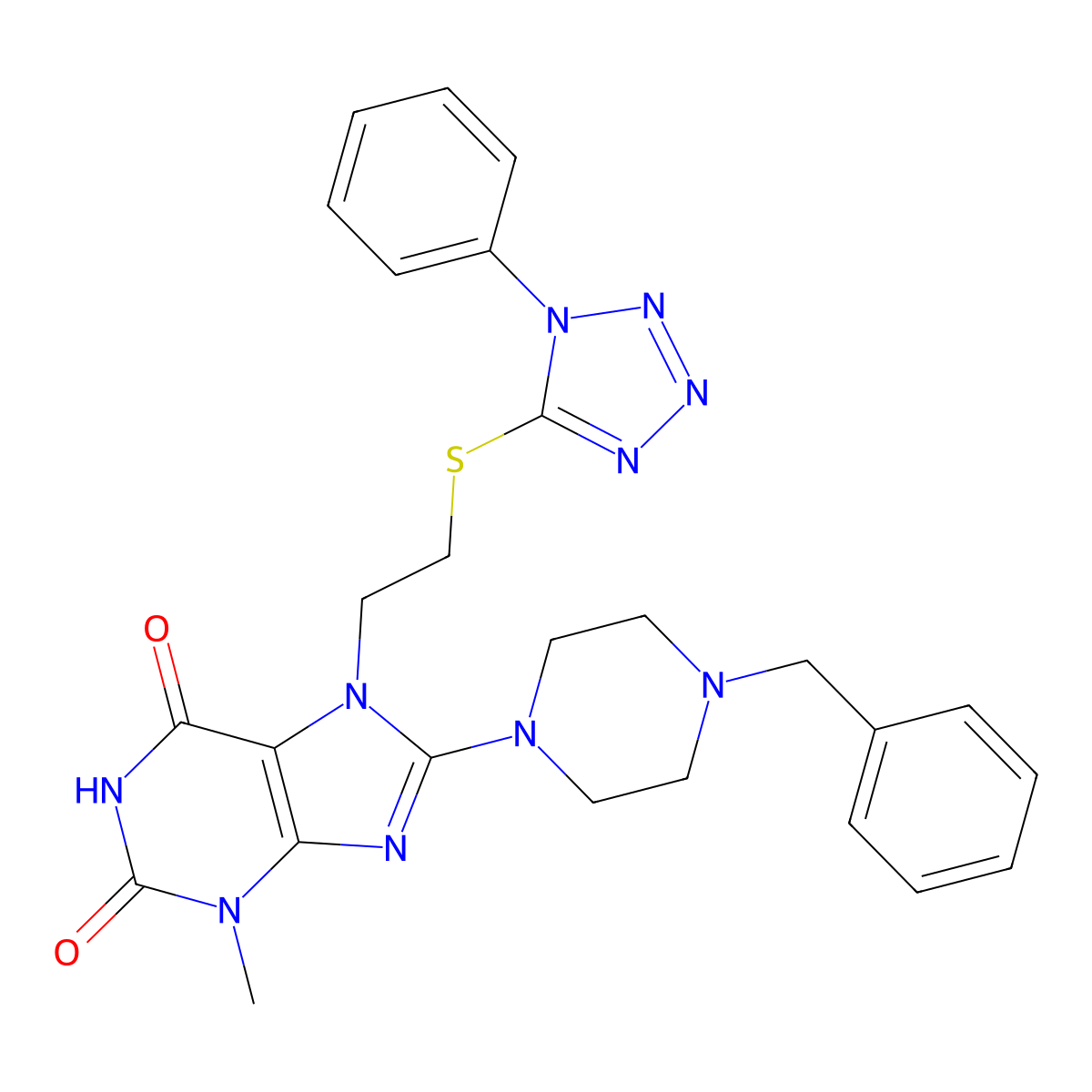 8-(4-Benzylpiperazin-1-yl)-3-methyl-7-[2-(1-phenyltetrazol-5-yl)sulfanylethyl]purine-2,6-dione molecular structure, CAS 850914-36-2