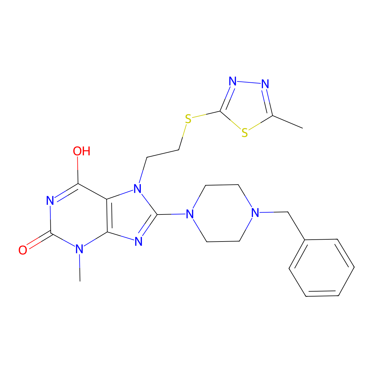 8-(4-benzylpiperazin-1-yl)-3-methyl-7-(2-((5-methyl-1,3,4-thiadiazol-2-yl)thio)ethyl)-1H-purine-2,6(3H,7H)-dione molecular structure, CAS 850914-37-3