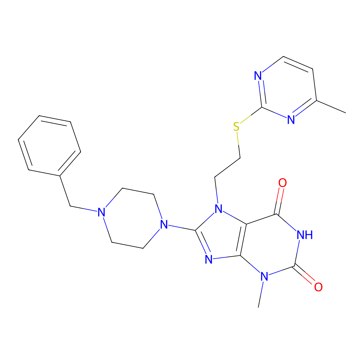 8-(4-benzylpiperazin-1-yl)-3-methyl-7-(2-((4-methylpyrimidin-2-yl)thio)ethyl)-1H-purine-2,6(3H,7H)-dione molecular structure, CAS 850914-38-4