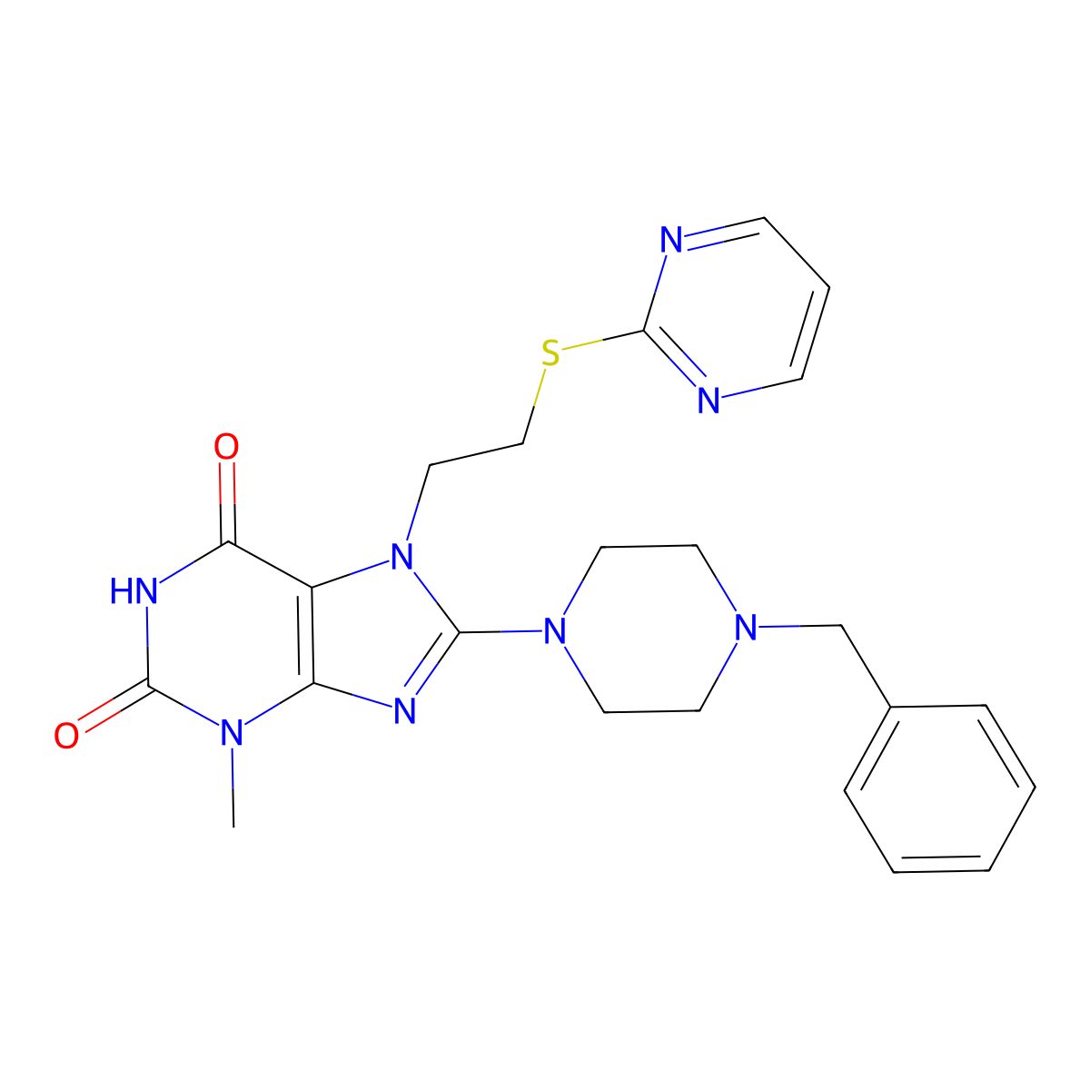 8-(4-benzylpiperazin-1-yl)-3-methyl-7-(2-(pyrimidin-2-ylthio)ethyl)-1H-purine-2,6(3H,7H)-dione molecular structure, CAS 850914-39-5