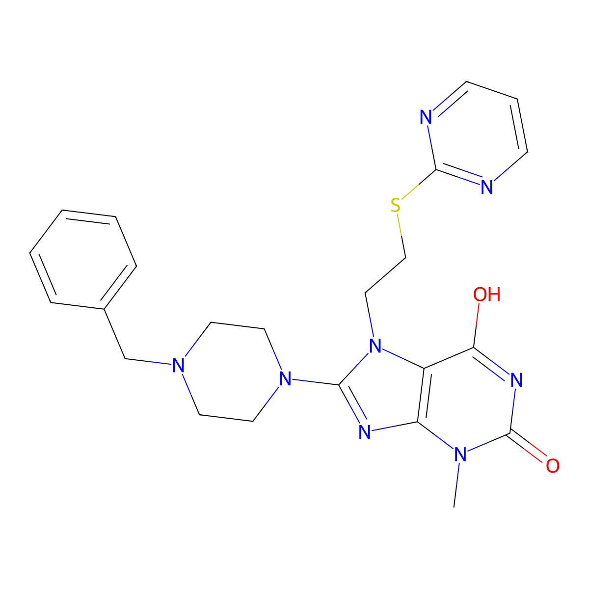 8-(4-benzylpiperazin-1-yl)-3-methyl-7-(2-(pyrimidin-2-ylthio)ethyl)-1H-purine-2,6(3H,7H)-dione molecular structure, CAS 850914-39-5