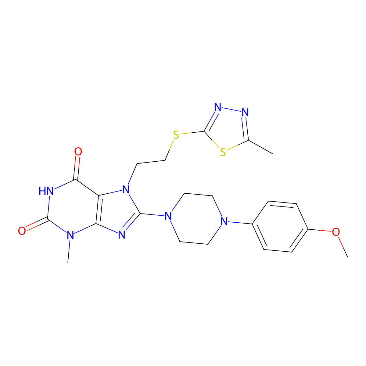 8-(4-(4-methoxyphenyl)piperazin-1-yl)-3-methyl-7-(2-((5-methyl-1,3,4-thiadiazol-2-yl)thio)ethyl)-1H-purine-2,6(3H,7H)-dione molecular structure, CAS 850914-42-0