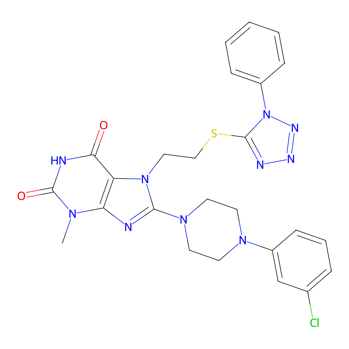 8-(4-(3-chlorophenyl)piperazin-1-yl)-3-methyl-7-(2-((1-phenyl-1H-tetrazol-5-yl)thio)ethyl)-1H-purine-2,6(3H,7H)-dione molecular structure, CAS 850914-44-2