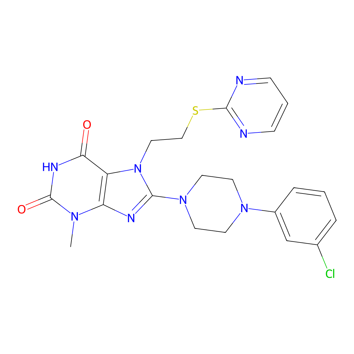 8-(4-(3-chlorophenyl)piperazin-1-yl)-3-methyl-7-(2-(pyrimidin-2-ylthio)ethyl)-1H-purine-2,6(3H,7H)-dione molecular structure, CAS 850914-46-4