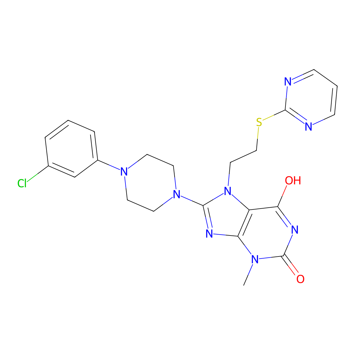 8-(4-(3-chlorophenyl)piperazin-1-yl)-3-methyl-7-(2-(pyrimidin-2-ylthio)ethyl)-1H-purine-2,6(3H,7H)-dione molecular structure, CAS 850914-46-4