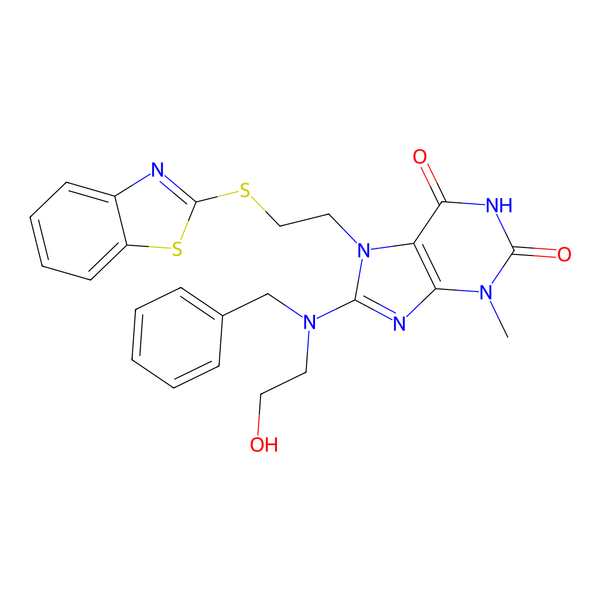 7-(2-(benzo[d]thiazol-2-ylthio)ethyl)-8-(benzyl(2-hydroxyethyl)amino)-3-methyl-1H-purine-2,6(3H,7H)-dione molecular structure, CAS 850914-47-5